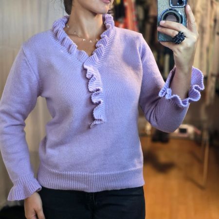 Damen Pullover Gr. M Lavendel Rüschen Strickpullover