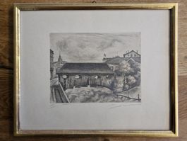 Historische Lithografie Holzbrücke – Schweiz, Zürich