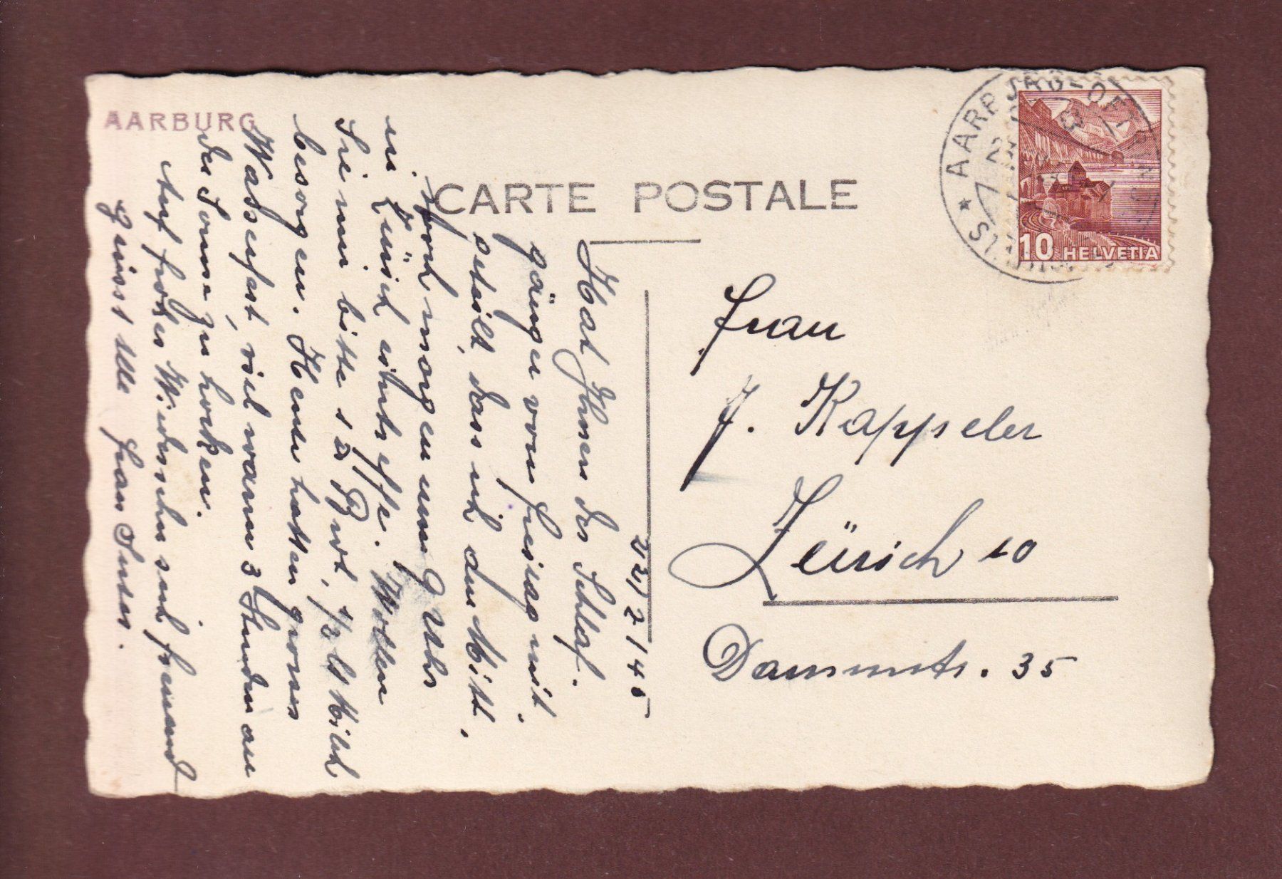 Cartoline postali: AARBURG - Schloss - 1945 – Usato da Pully venduto da nicecards-shop 1