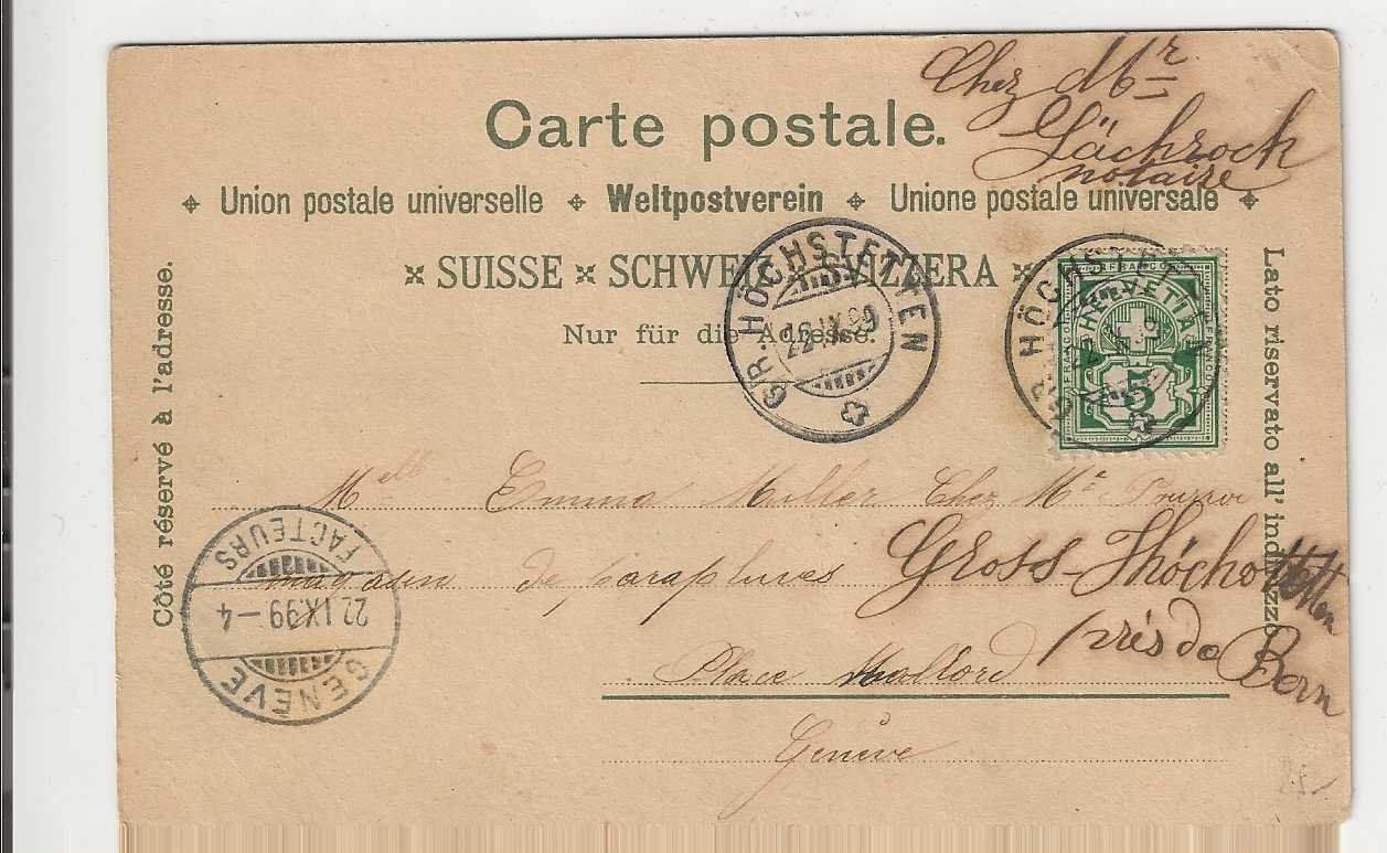 Cartoline postali: Grosshöchstetten, 1899 – Usato da Spiez venduto da Niesen20 1