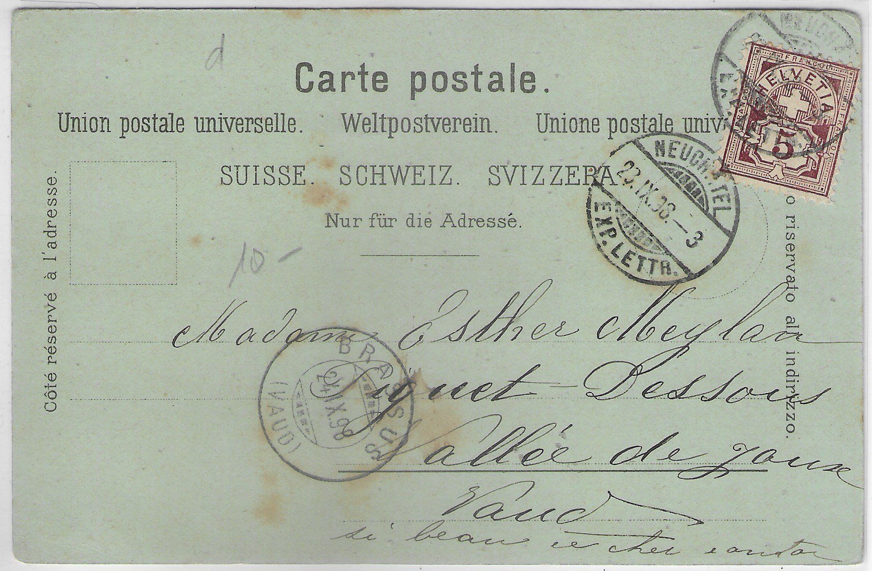 Cartoline postali: Souvenir de Neuchatel - Litho 1898!! Mondschein – Usato da Ettingen venduto da Kartenplanet 1
