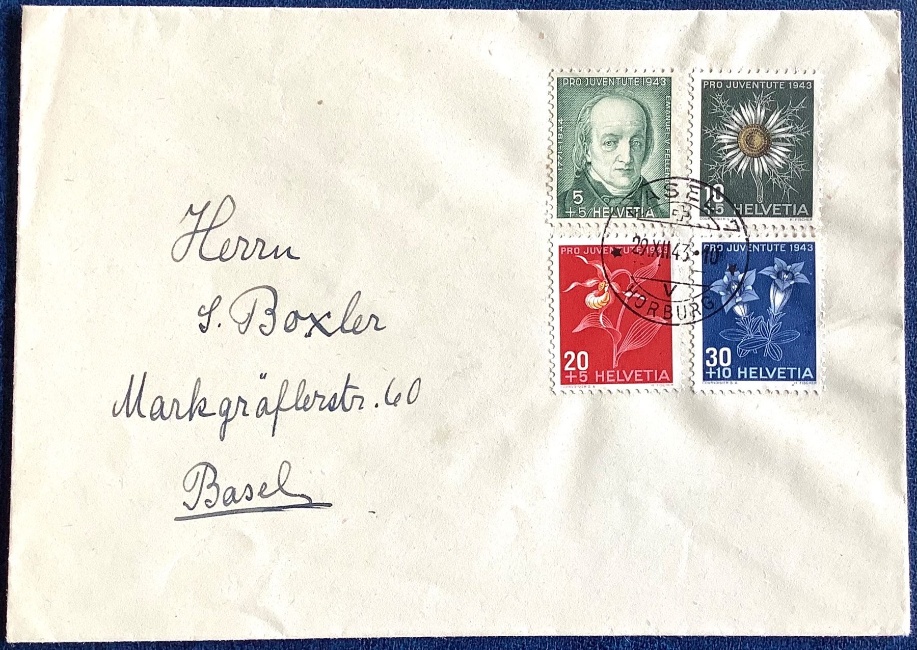 Alle Briefmarken: 1943 Pro Juventute Satzbrief - Basel – Gebraucht aus Liestal von Skunk02