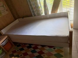 Lit enfant mi-hauteur toboggan chêne + matelas TBE