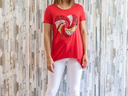 T-shirt Femme Rouge Coeur Paillettes Sexy Neuf