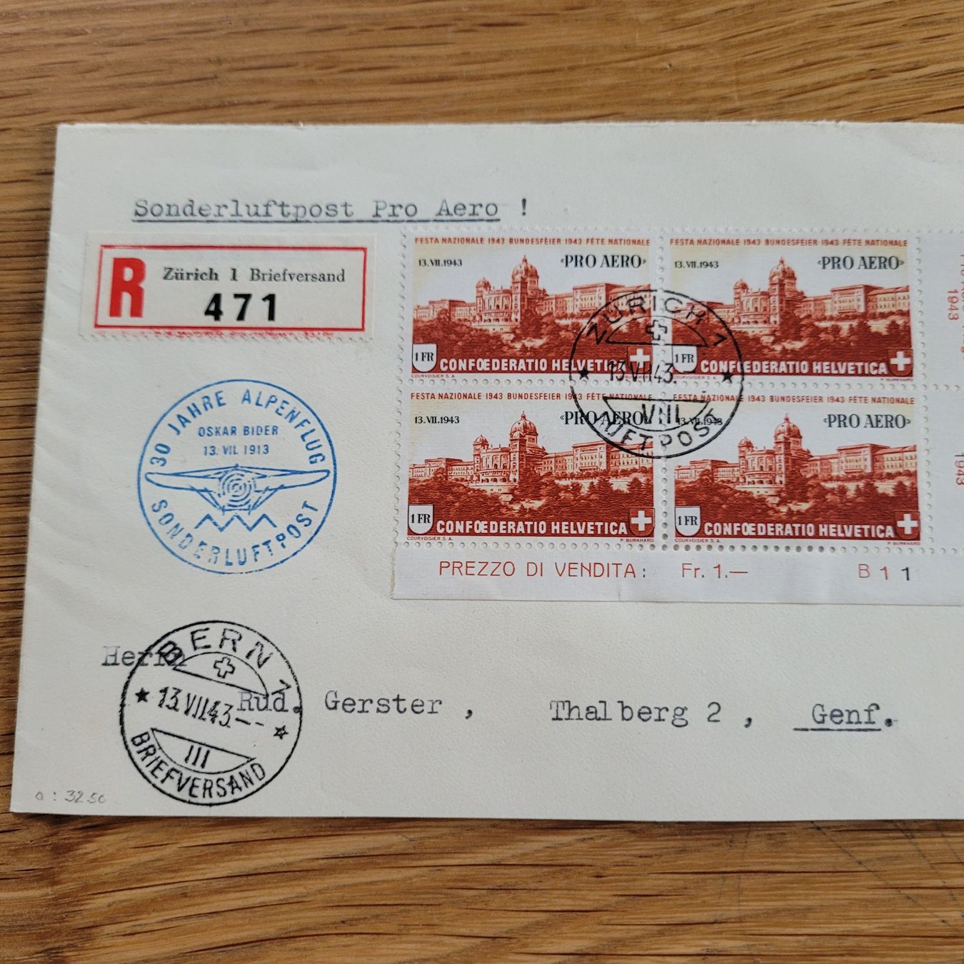 Tutti i francobolli: Luftpost Zürich 1943 Bern Genf – Usato da Biel/Bienne venduto da Destockweb