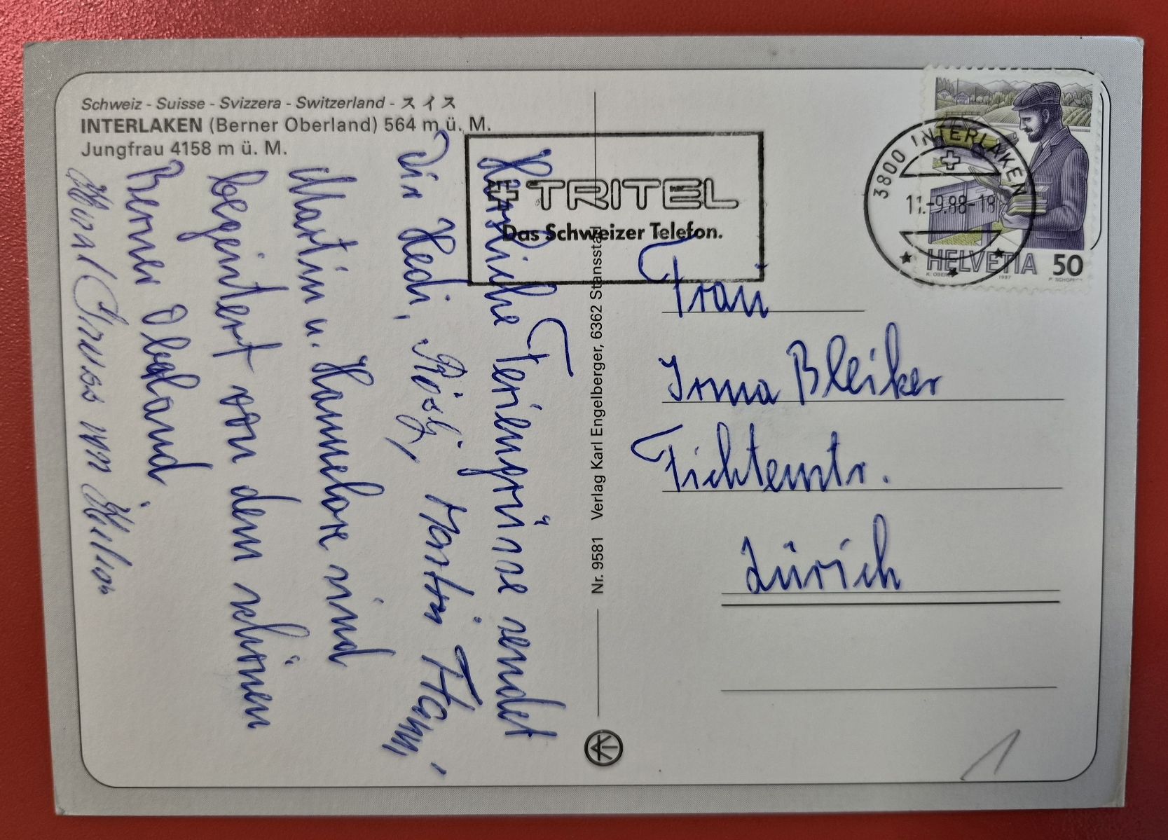 Ansichtskarten: Interlaken mit Jungfrau 1988 – Gebraucht aus Melchnau von Arthurius 1