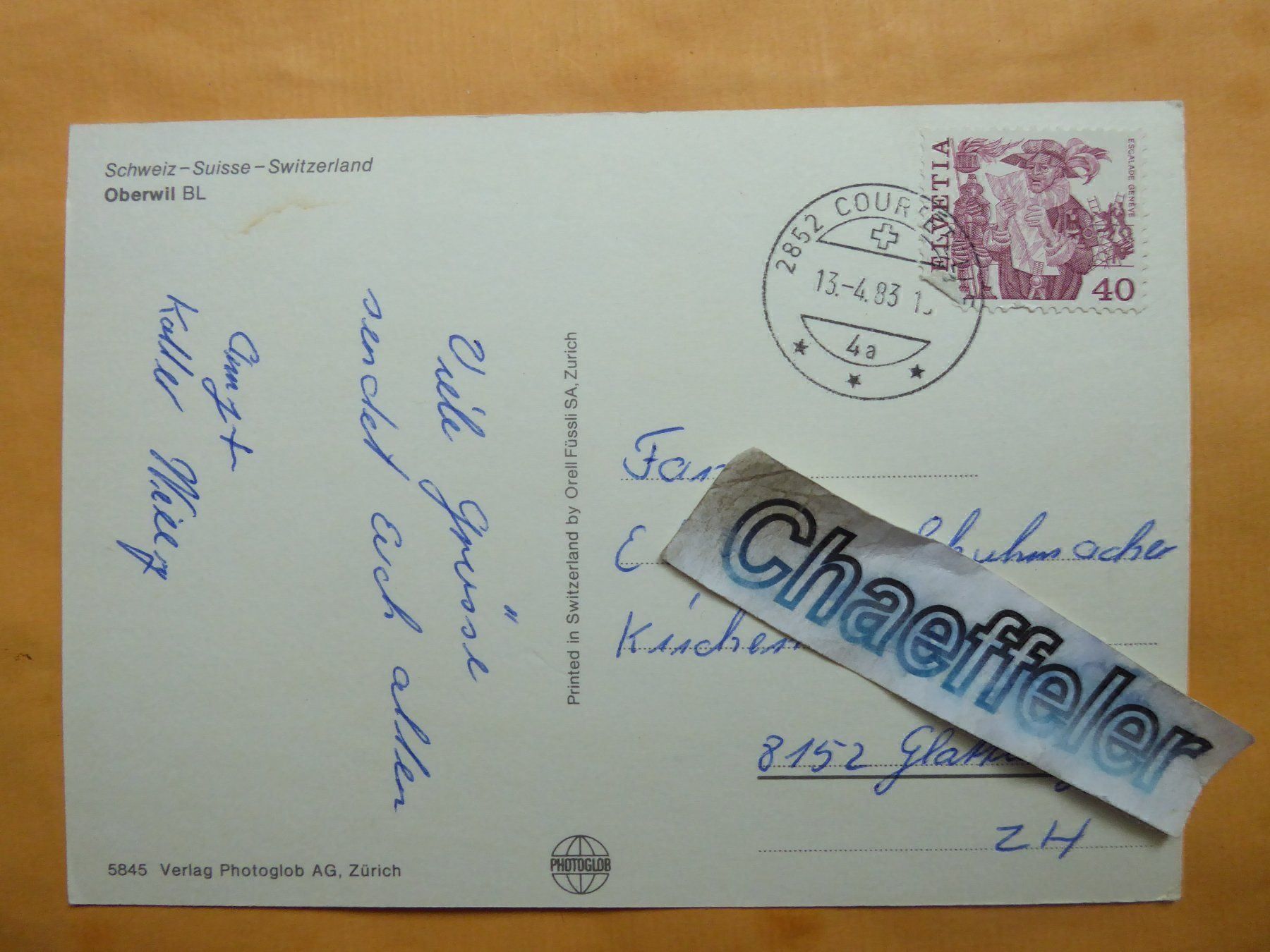 Cartoline postali: 1983 Oberwil BL – Usato da Zürich venduto da Chaeffeler 1
