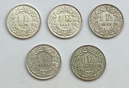 5 Stück Schweizer Silber 1 Franken-Münzen alle von 1955
