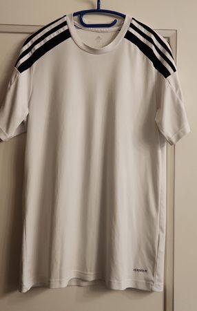 Maglietta sportiva Adidas bianca con strisce nere, taglia M