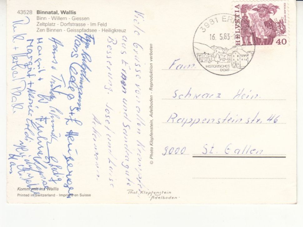 Cartoline postali: Binn 1983 – Usato da Bürglen TG venduto da StampGraf 1