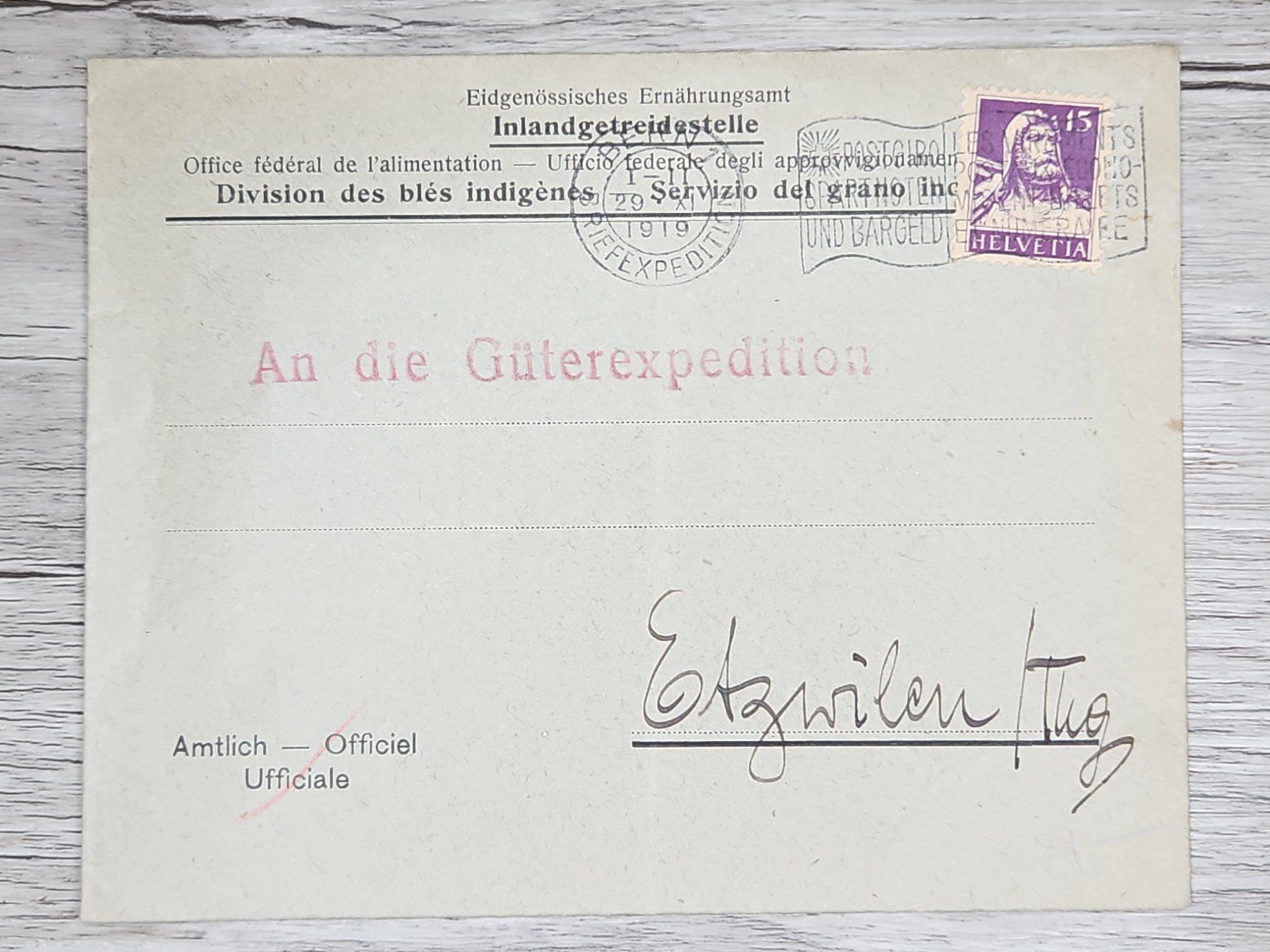 Tutti i francobolli: CL01 Enveloppe + Timbre Suisse 1919 – Usato da Cousset venduto da Patrick_Collections