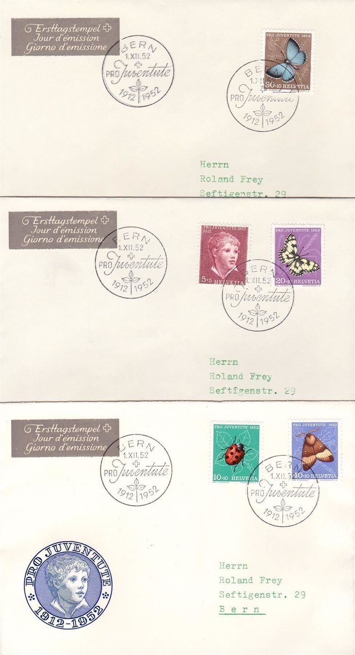 Tutti i francobolli: J143-47, auf 3 FDC, SBK 100.- – Usato da Wenslingen venduto da riger11