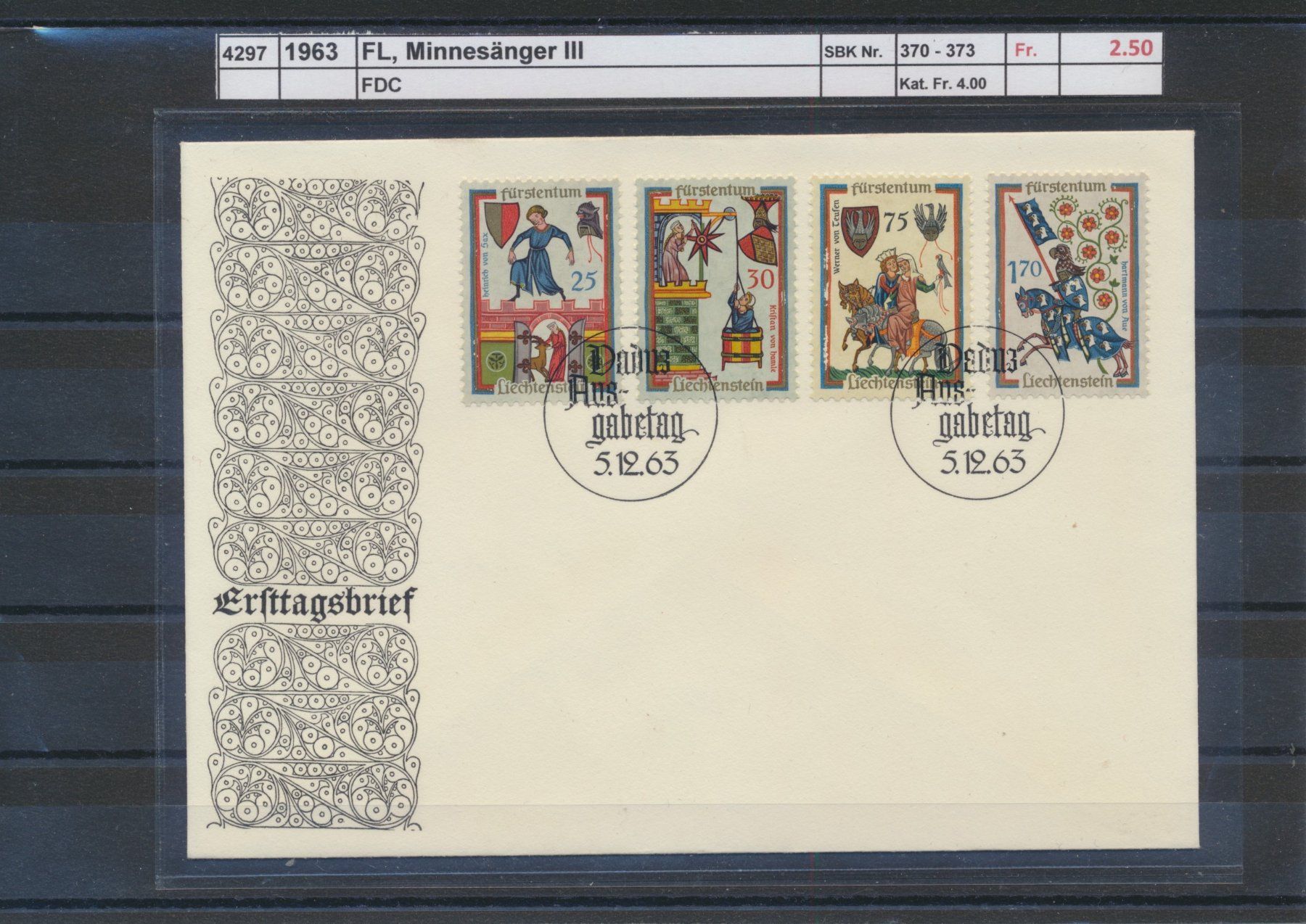 Alle Briefmarken: 1963 FL, "Minnesänger III", FDC – Gebraucht aus Winterthur von Zupogeru