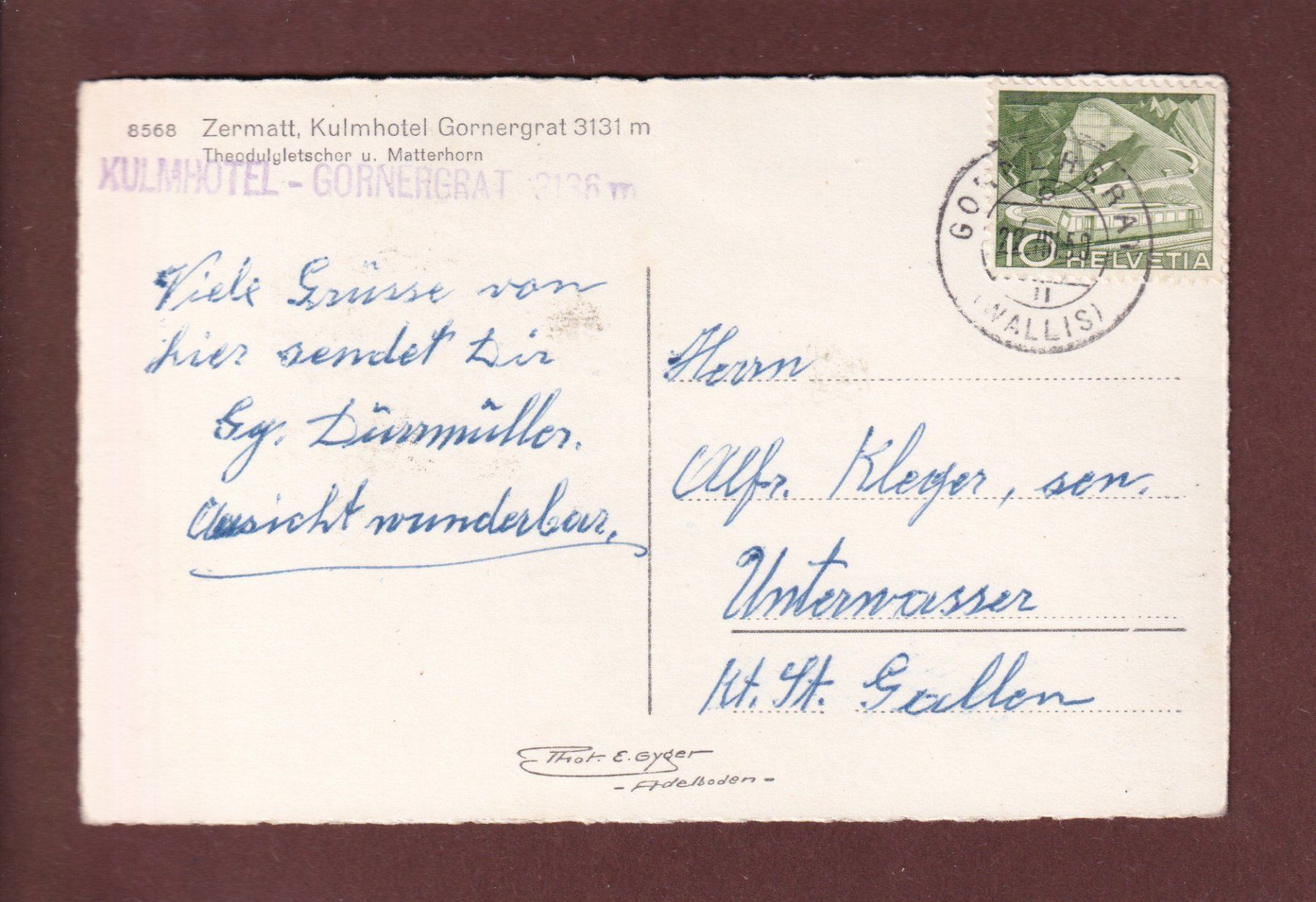Cartoline postali: GORNERGRAT - Kulmhotel - Matterhorn - 1950 – Usato da Pully venduto da nicecards 1