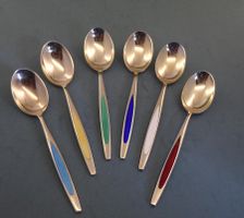 6 Mocca Löffel Sterling 925 Silber vergoldet emailliert