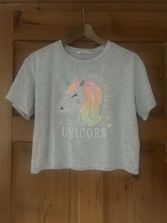 H&M T-Shirt Mädchen Grau Einhorn Grösse 158/164