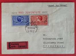 BJ1) 1937 Sonderblock auf Eilsendung FDC Kt. 350.-