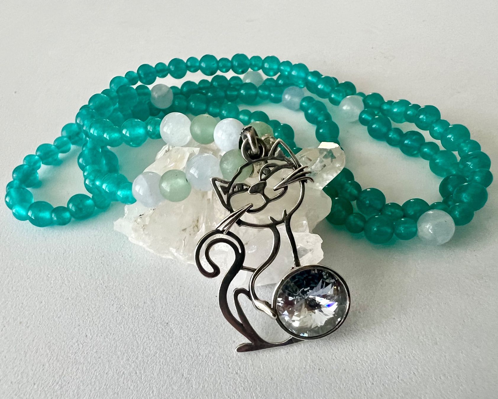 Ketten: Edelsteinkette Amazonit Fluorit 925 Silber Katze Kristall – Gebraucht aus Ruswil von artbyhand 2