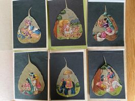 Handbemalte indische Kunst auf Peepal-Blättern, 6 Stk
