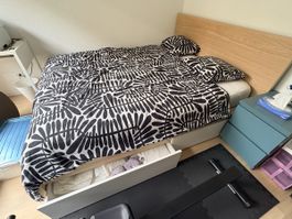 Doppelbett in Holzoptik, mit 4 Schubladen weiss, 160x200 cm 