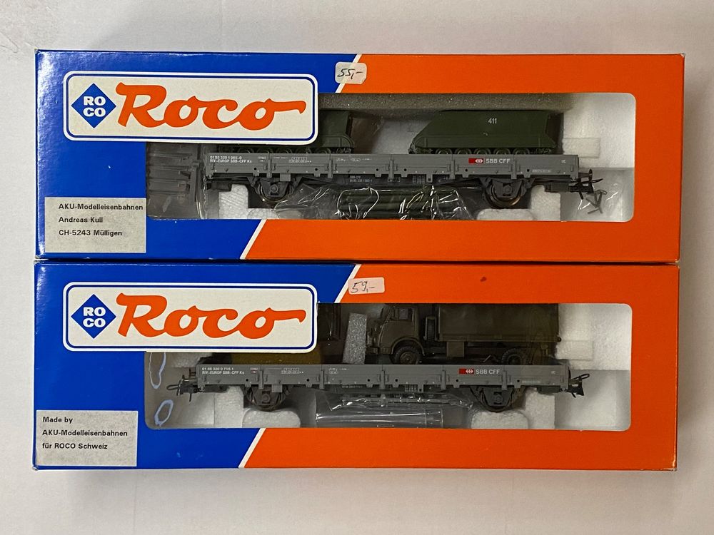 2 x Roco AKU H0 GS SBB Rungenwagen mit Militär Fahrzeugen Kaufen