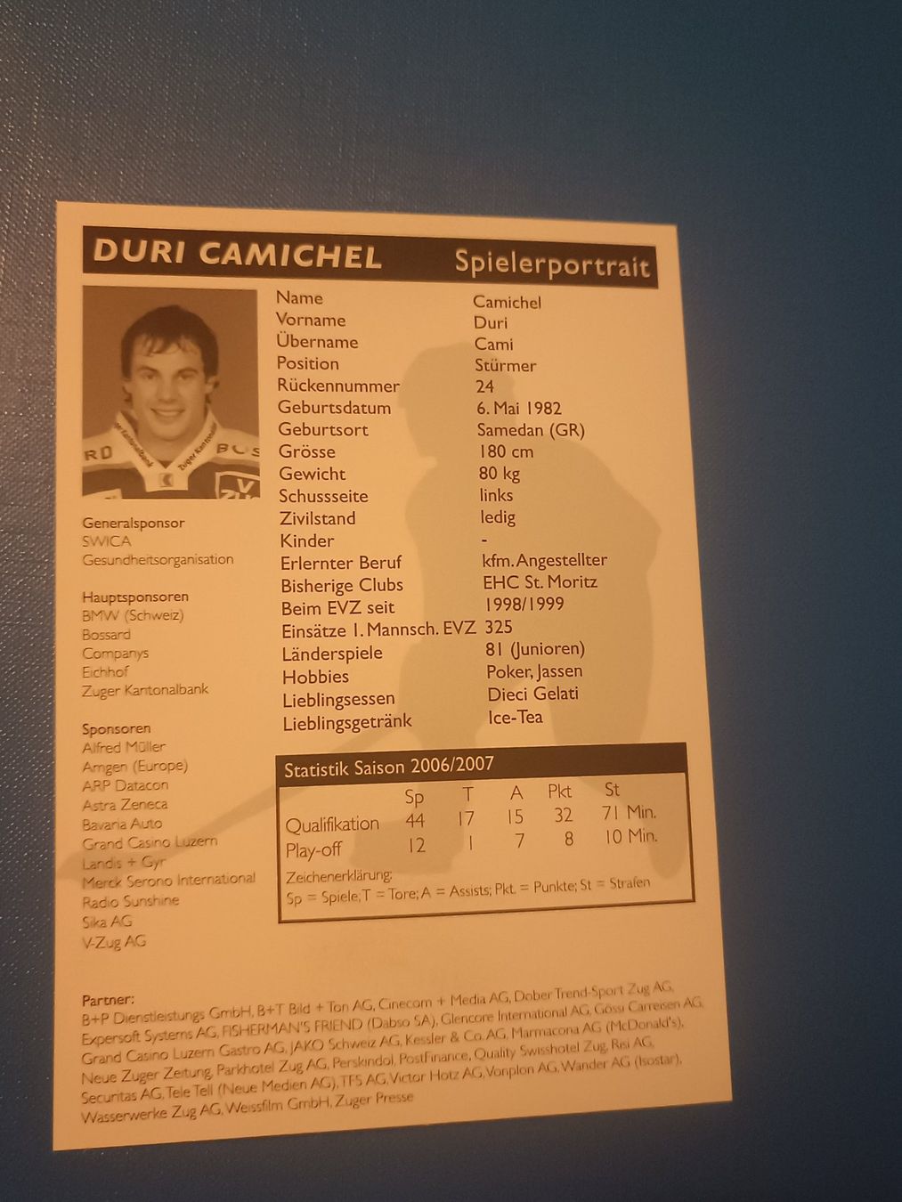 Autografi: Duri Camichel - EVZ Saison 2007/08 - Handsigniert – Usato da Menziken venduto da Artographs 1