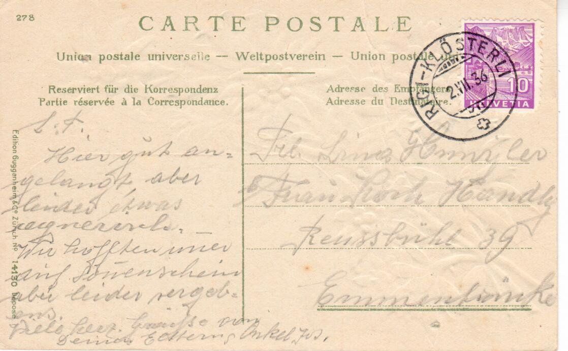 Cartoline postali: Rigi Klösterli 1936 – Usato da Wolhusen venduto da Curver9 1