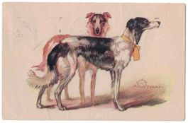Zwei Hunde, Künstlerkarte aus Italien, gelaufen 1938