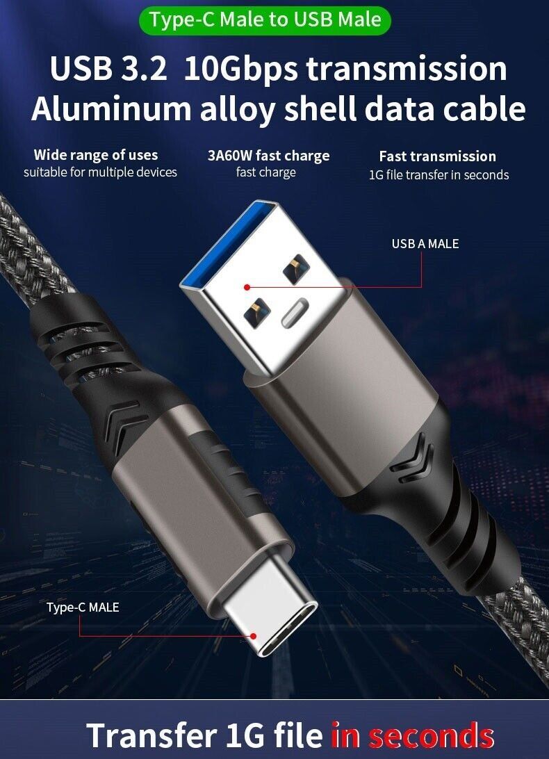 Kabel: 2 meter USB-C Kabel 10Gbps 3A USB 3.2 Quick Charge QC 60W – Neu (gemäss Beschreibung) aus Kirchdorf AG von Apost008 3