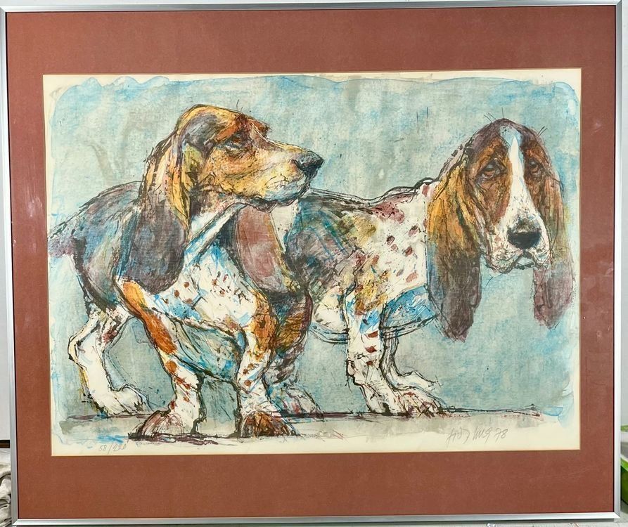 Grafica & Litografie: Fritz Hug  >>Baset-Hunde>>  grosse Farblitho – Usato da Hinwil venduto da Chnap