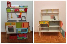 Cucina, accessori e alimenti in legno per futuri chef