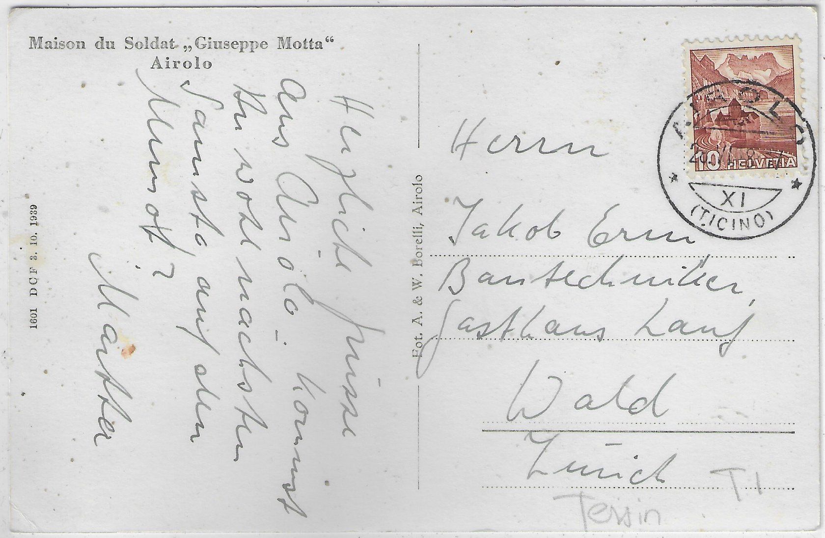 Cartoline postali: Maison du Soldat "Giuseppe Motta" Airolo – Usato da Ettingen venduto da Kartenplanet 1
