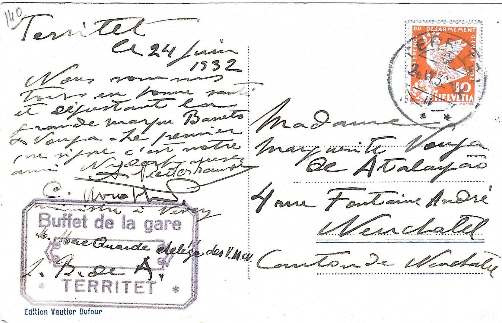 Cartoline postali: Carte Postale Territet - Neuchatel, 1932, affranchie – Usato da Worb venduto da techno109 1