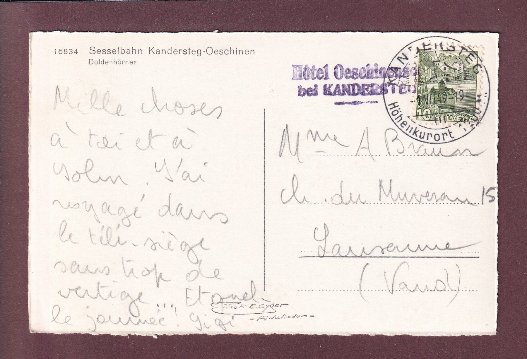 Ansichtskarten: Sesselbahn KANDERSTEG-OESCHINEN - 1949 – Gebraucht aus Pully von nicecards 1
