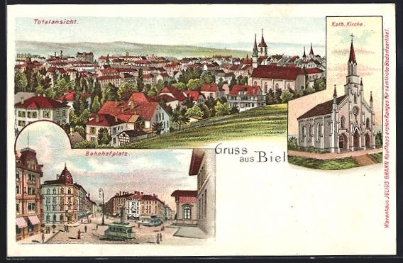 Cartoline postali: Litho Biel, Totalansicht, Bahnhofplatz,  – Usato da Berlin venduto da bartko-reher