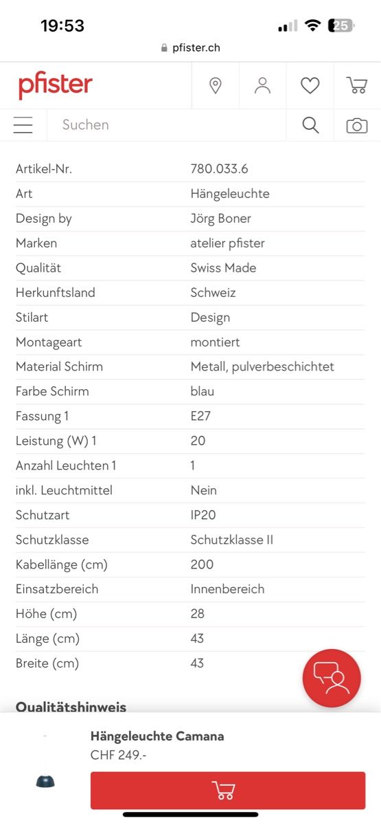 Pfister Lampen: Pfister Camano blau Hängelampe – Gebraucht aus Tagelswangen von Bomu 4