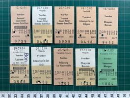 Ab Yverdon, 10 alte Bahn Billette, 1983, 1984