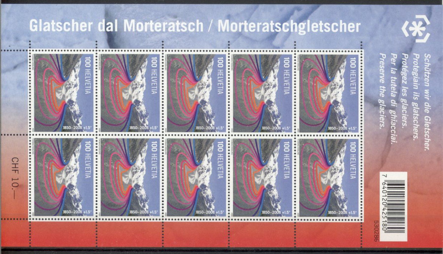 Tutti i francobolli: 2009, Schützen wir die Gletscher, Kleinbogen ** – Usato da Willisau venduto da Vollstempel