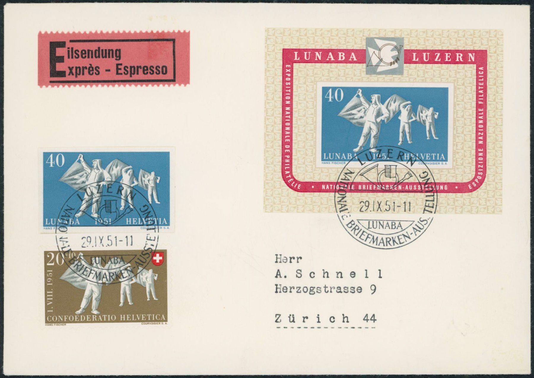 Tutti i francobolli: 1951 - Lunaba - Block - Blockauschnitt - FDC ET • Combo FDC – Usato da Schindellegi venduto da leecollect