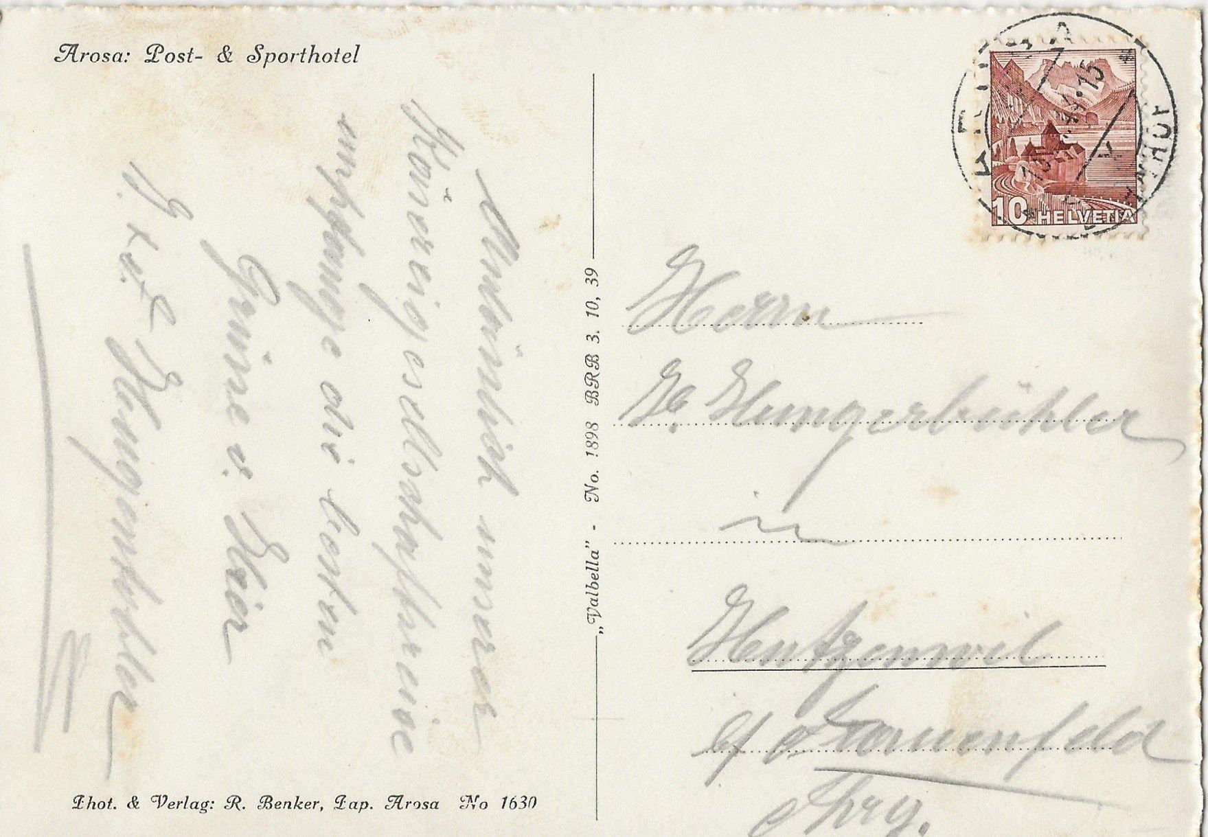 Cartoline postali: Arosa, Post- und Sporthotel, 1944 – Usato da Frauenfeld venduto da Merk52 1