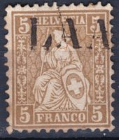 Sitzende Helvetia 5c gelbbraun Stabstempel LAAX (GR) Mängel!