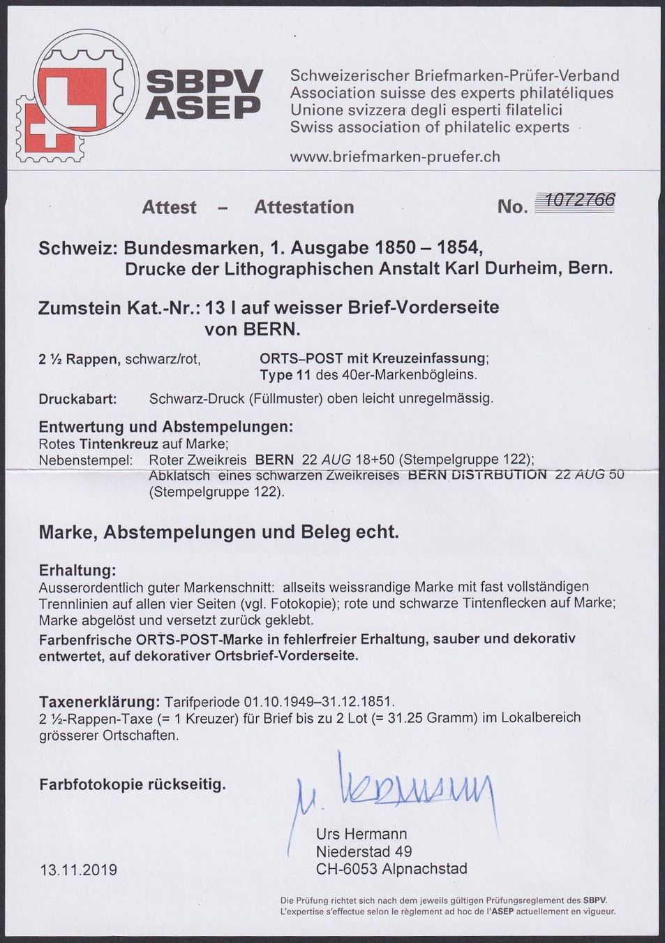 Tutti i francobolli: 13I ORTS-POST Frühverwendung von BERN – Usato da Ebikon venduto da SilvioFreund 4