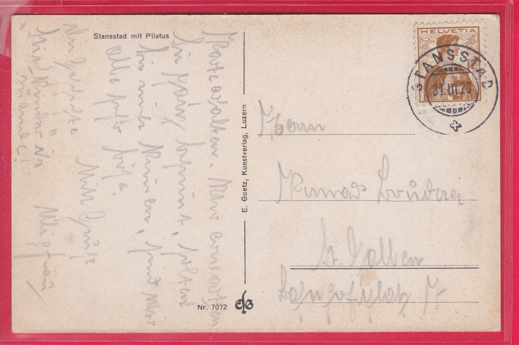 Cartoline postali: STANSSTAD MIT PILATUS, 31.3.1920 – Usato da Oberrieden venduto da Gebirgsstelze 1