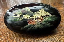 Ovale Holzdose bemalt mit Golddekor, Vintage