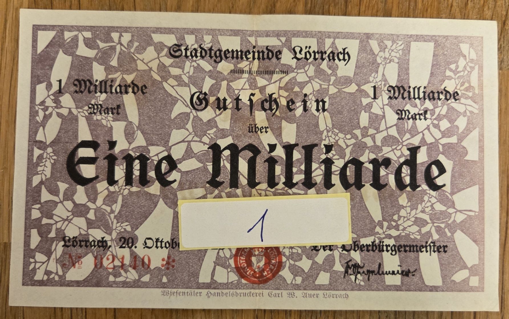 Banconote: Notgeld Stadtgemeinde Lörrach 1 Milliarde Mark 1923 – Usato da Stans venduto da Ducati16