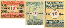 Deutschland Notgeld Detmold 10, 25, 50 Pfennig August 1920