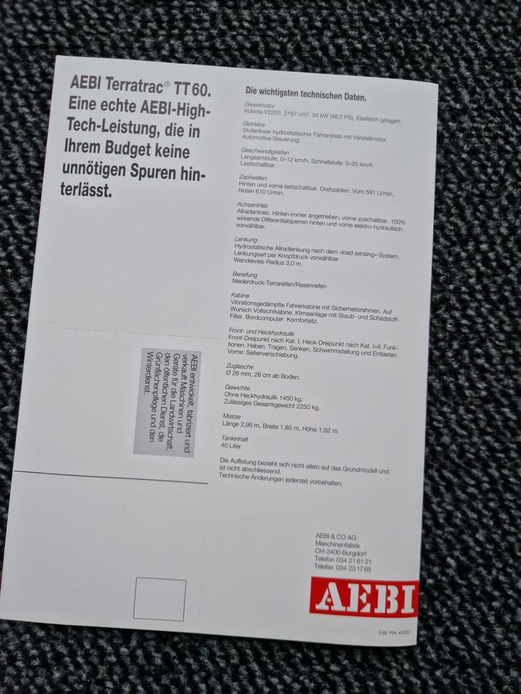 Aebi Trattori: Original Prospekt Aebi Terratrac TT60 – Usato da Dürnten venduto da Bachtel84 2