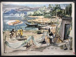 Vintage Schulwandbild SOMMERZEIT AM UFERGELÄNDE, Nanette Gen