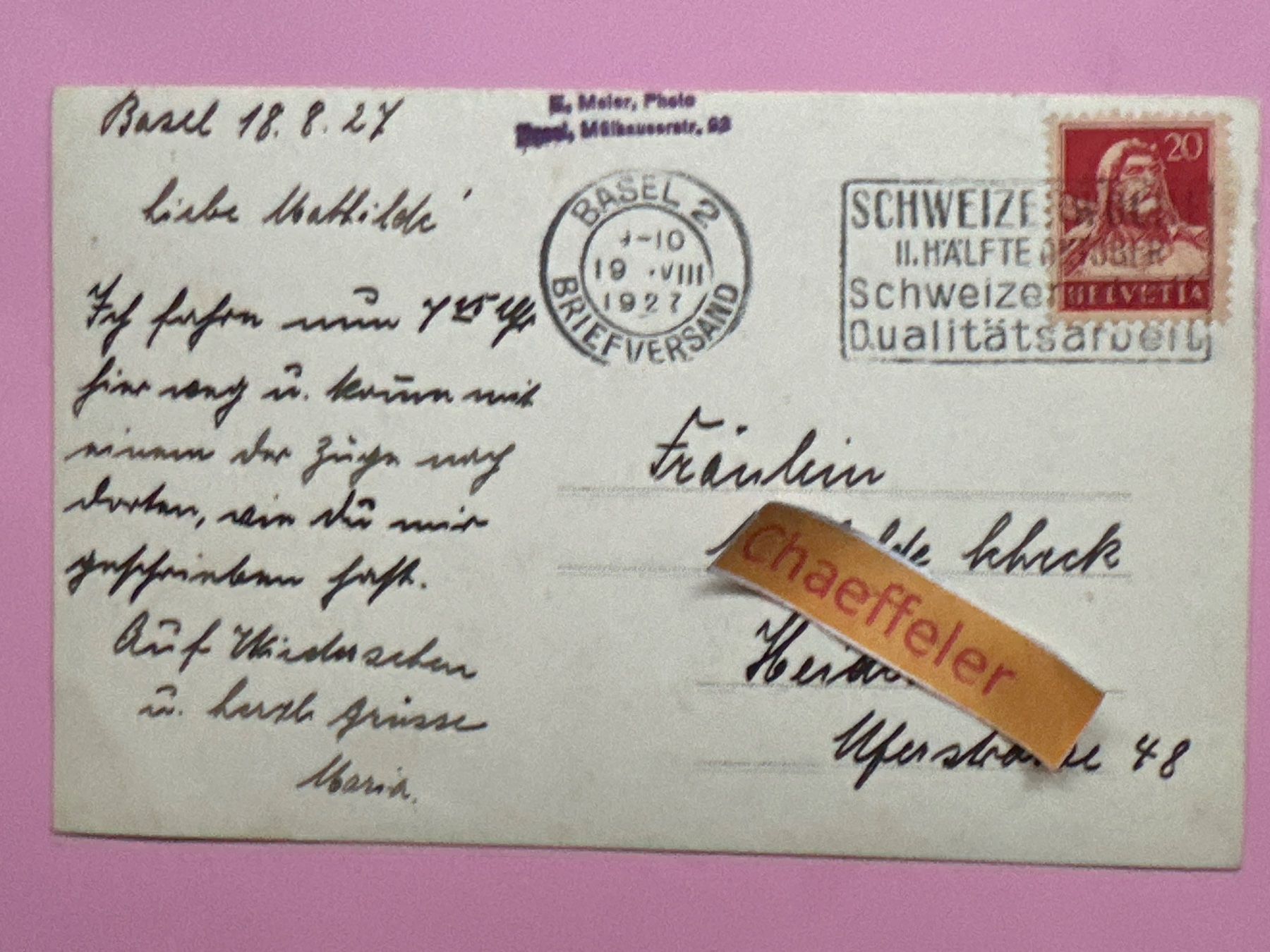 Cartoline postali: 1927 ein Haus in Basel ? – Usato da Zürich venduto da Chaeffeler 1