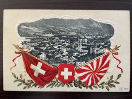 GLARUS Ortsansicht mit Stadtkirche, PRÄGEKARTE MIT WAPPEN